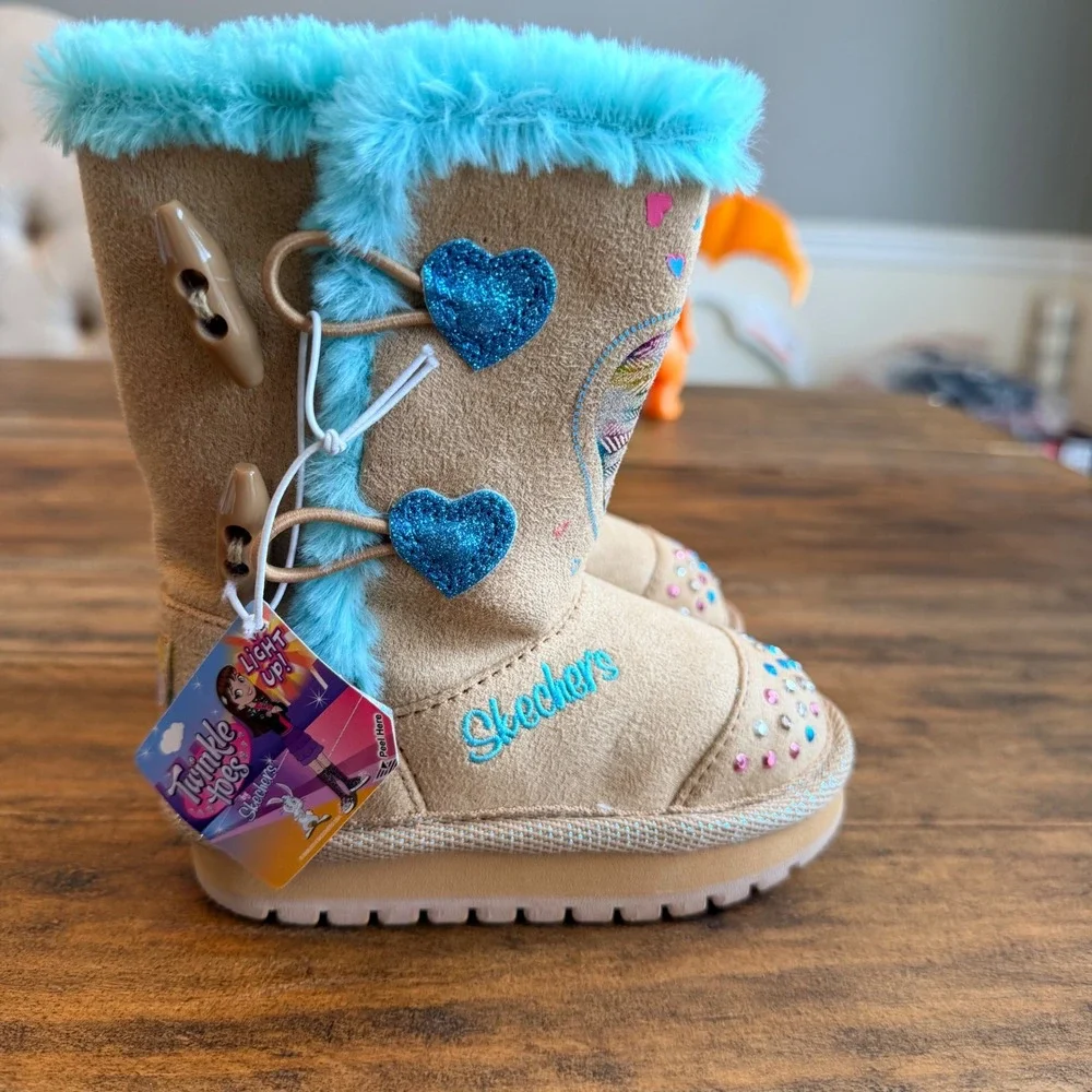 Skechers Twinkle‎ Toes Kids Light Up Boots Tan Turquoise Heart 10402N Size 6 NEW